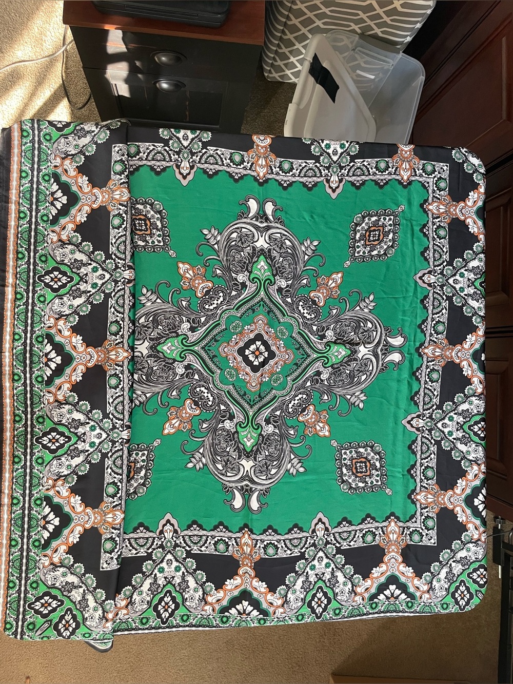 Chico's Emerald Green and Black Ornate Paisley Scarf